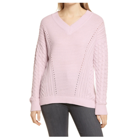 Caslon Cable Knit V-Neck Relaxed Fit Cotton Blend Sweater in Pink Ice NWT Size S - Picture 1 of 9